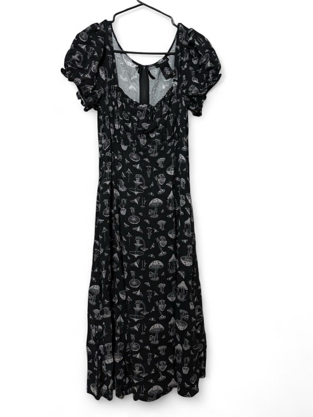 Thorn & Fable Black Puff-Sleeve Midi Dress with White Mushroom Print